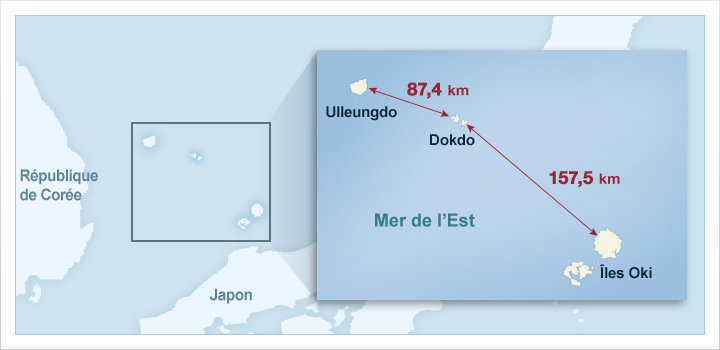 Distance entre Ulleungdo et Dokdo: 87,4 km, Distance entre Dokdo et les Îles Oki: 157,5 km