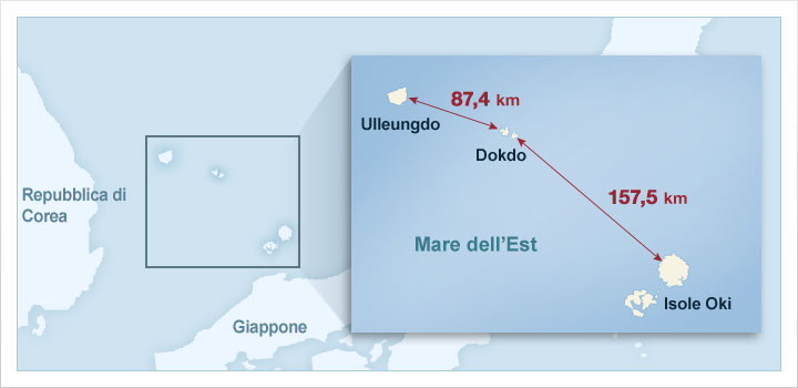 Distanza tra Ulleungdo e Dokdo: 87,4 km / Distanza tra Dokdo e le Isole Oki: 157,5 km