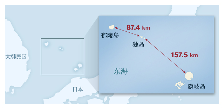 郁陵岛与独岛相距 87.4km, 独岛与隐岐岛相距 157.5km