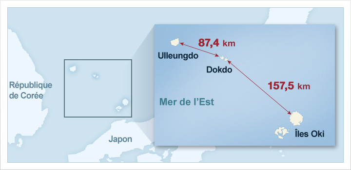Distance entre Ulleungdo et Dokdo: 87,4 km  /  Distance entre Dokdo et les Îles Oki: 157,5 km